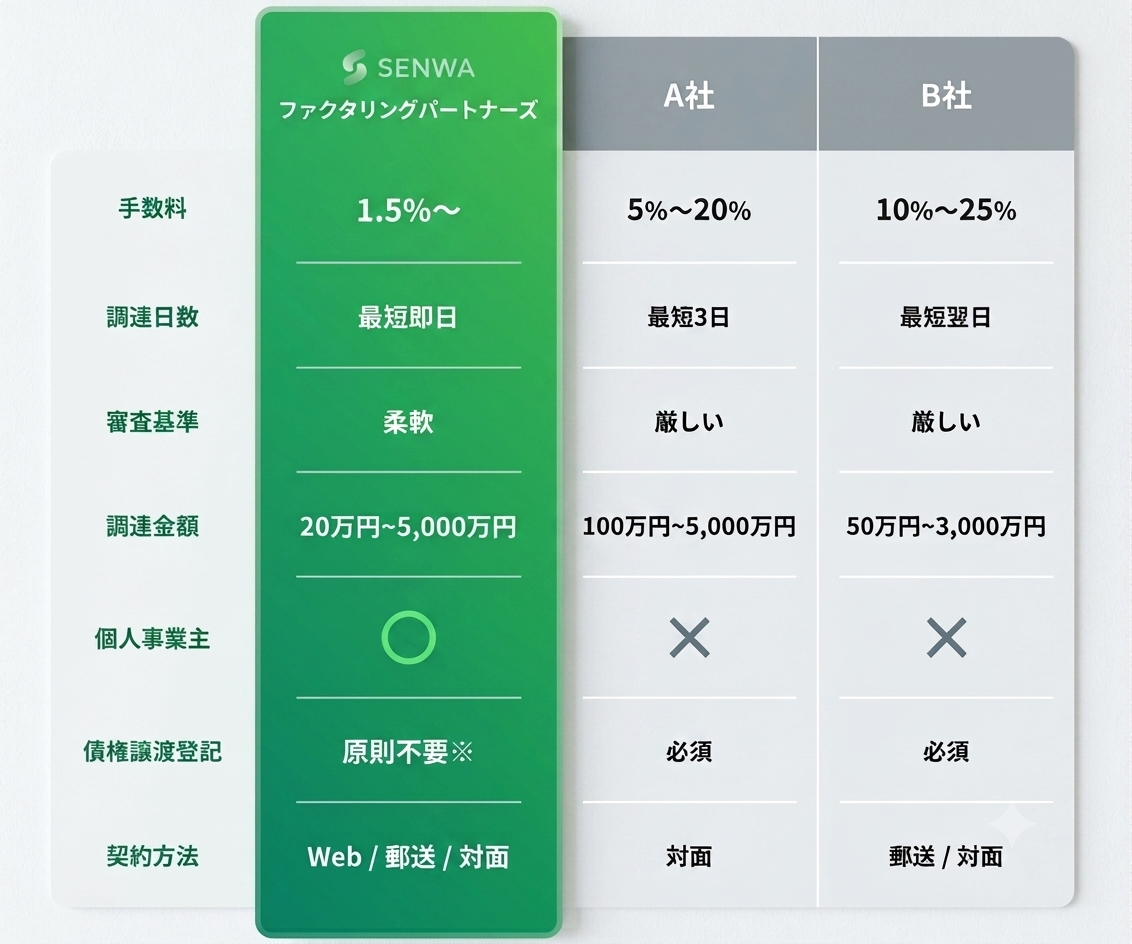 ファクタリングパートナーズとA社・B社の比較表。手数料1.5%〜、最短即日、審査柔軟、個人事業主対応、債権譲渡登記は留保、Web/郵送/対面に対応